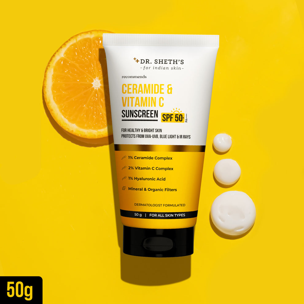 Dr. Sheth's Ceramide & Vitamin C Sunscreen|In-Vivo Tested|SPF 50+ Pa+++|Bright Skin, Healthy Glow|Non-Greasy, Quick-Absorbing|No White Cast|UVA/B, Bluelight Protection|Women & Men|All Skin Types, 50 gm