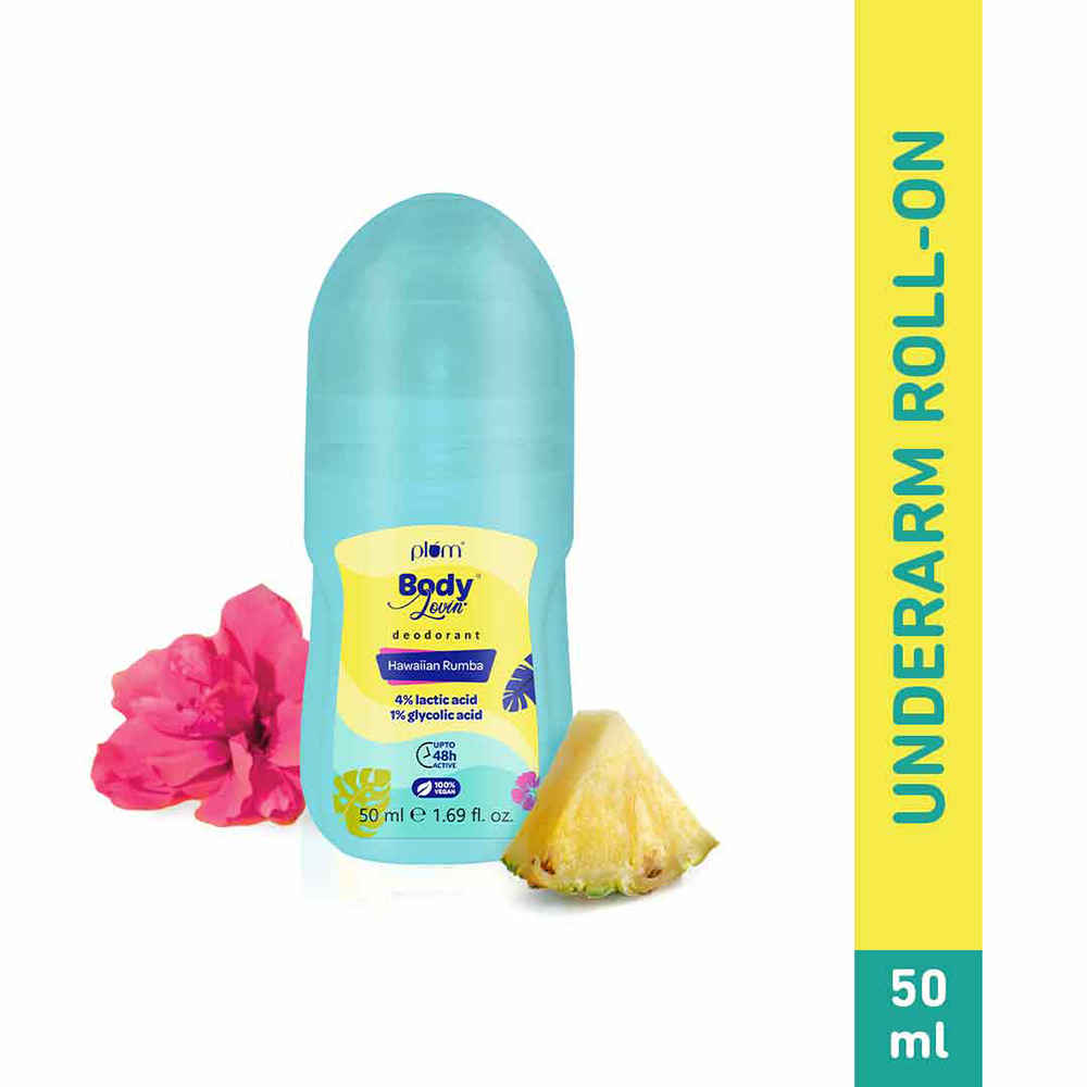 Plum BodyLovin' Hawaiian Rumba Deodorant Roll On | 4% Lactic Acid & 1% Glycolic Acid | Controls Odor & Fades Underarm Darkness | 48 Hr Freshness | Fresh Beachy Fragrance | Aluminium-Free (50 ml)