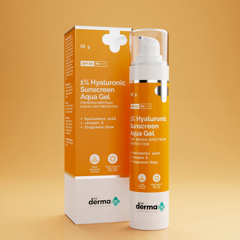 The Derma Co 1% Hyaluronic Sunscreen Aqua Gel SPF 50 PA++++ | Hyaluronic Acid for Deep, Long Lasting Hydration | Ultra Lightweight Texture I Non-Greasy, No White Cast | Broad Spectrum Protection & Blue Light Protection | For Men & Women - 50 gm