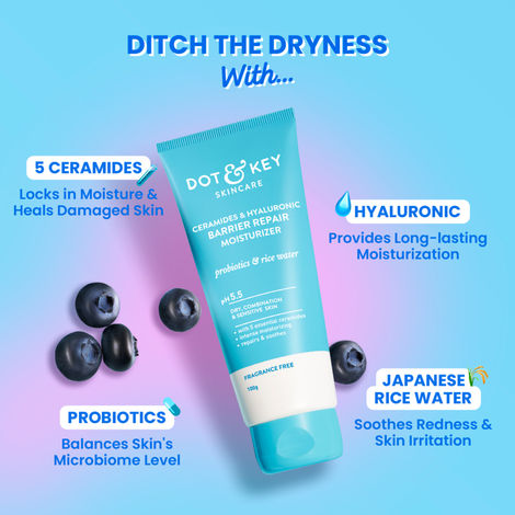 Dot & Key Ceramides & Hyaluronic Skin Barrier Repair + Face Cream with Probiotics & Rice Water | Fragrance Free Face Moisturizer for Dry & Sensitive Skin, 100g