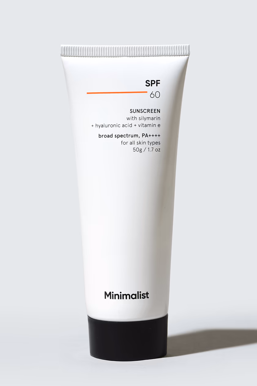 Minimalist SPF 60 Sunscreen With Silymarin + Hyaluironic acid+ Vitamin e, Broad Spectrum, PA++++ (50 gm)